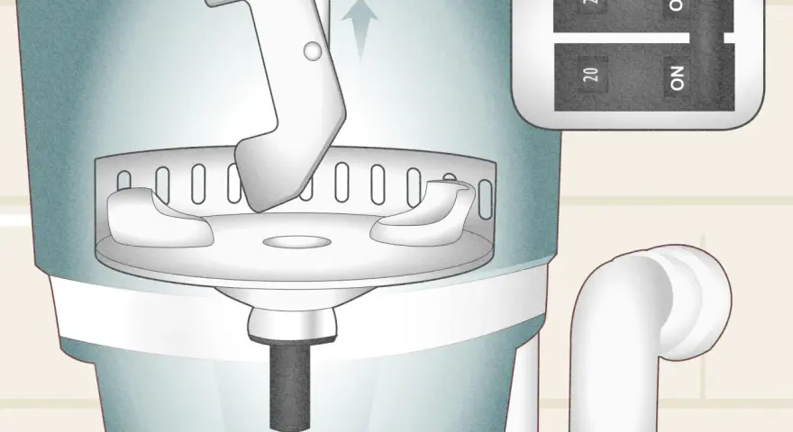 Illustration showing a tool being inserted into a garbage disposal to help unclog it. A switch with "ON" is visible.