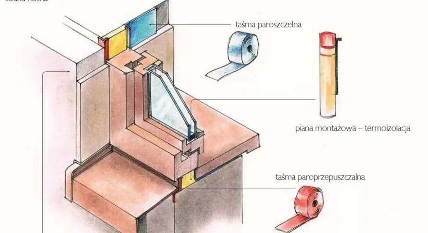 Przekrój okna z ociepleniem i taśmami. Widać tu monolityczne nadproża, pianę montażową i taśmy paroszczelną oraz paroprzepuszczalną.