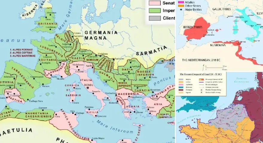 Mapa del Imperio Romano mostrando sus etapas de expansión y control territorial.