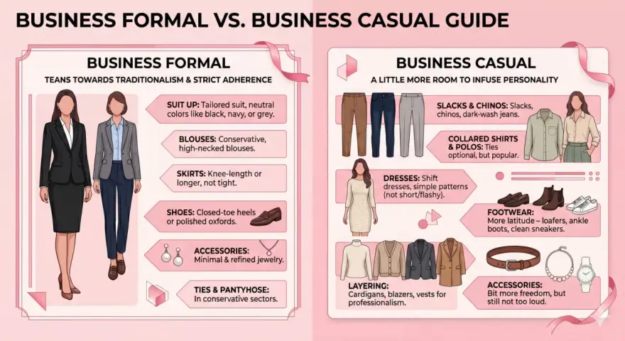 Guía de ropa business casual y formal. Muestra ejemplos de atuendos, calzado y accesorios para cada estilo.