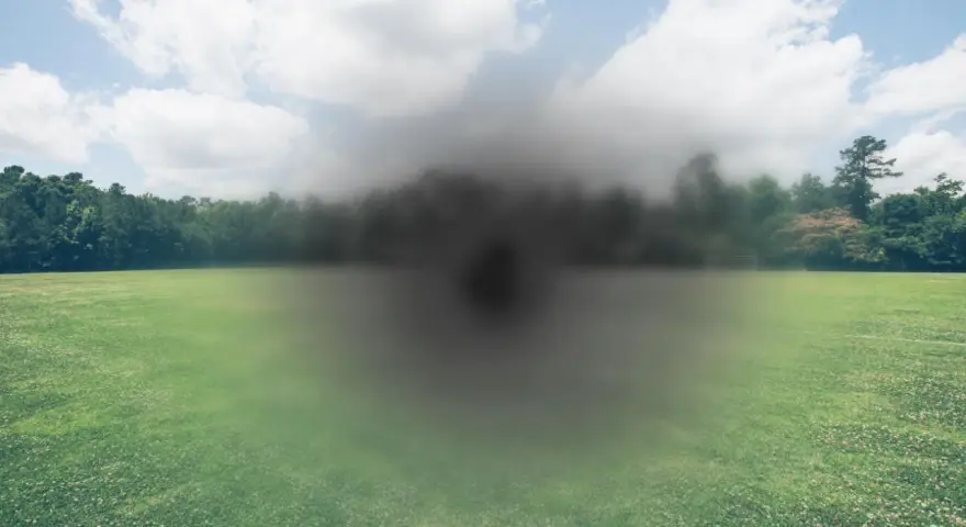 Campo verde con alberi sullo sfondo, oscurato da una macchia scura centrale. Simula la visione dopo un intervento foro maculare non riuscito.