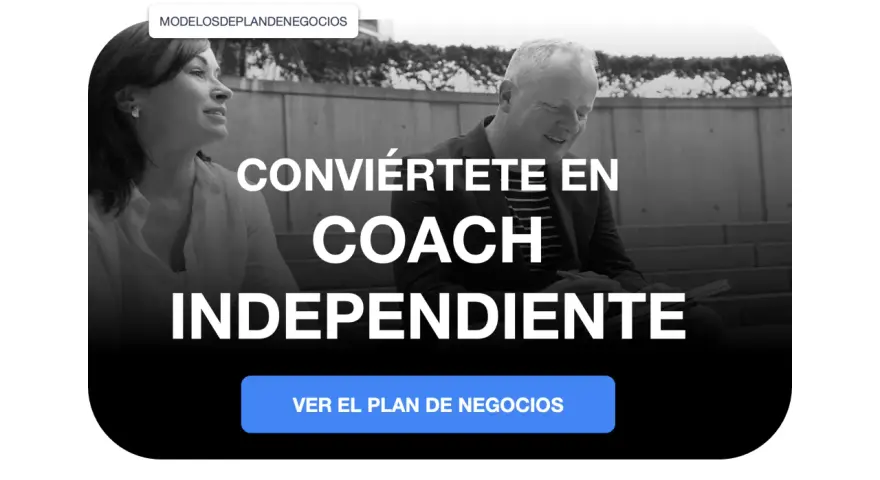 Dos personas conversan, una de ellas sonríe. El texto dice "Conviértete en coach independiente".