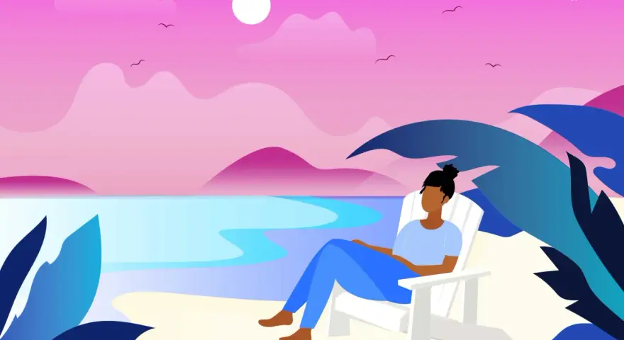 A person sits in a white Adirondack chair on a beach, enjoying the sunset. The scene is a perfect way to relax and recharge.