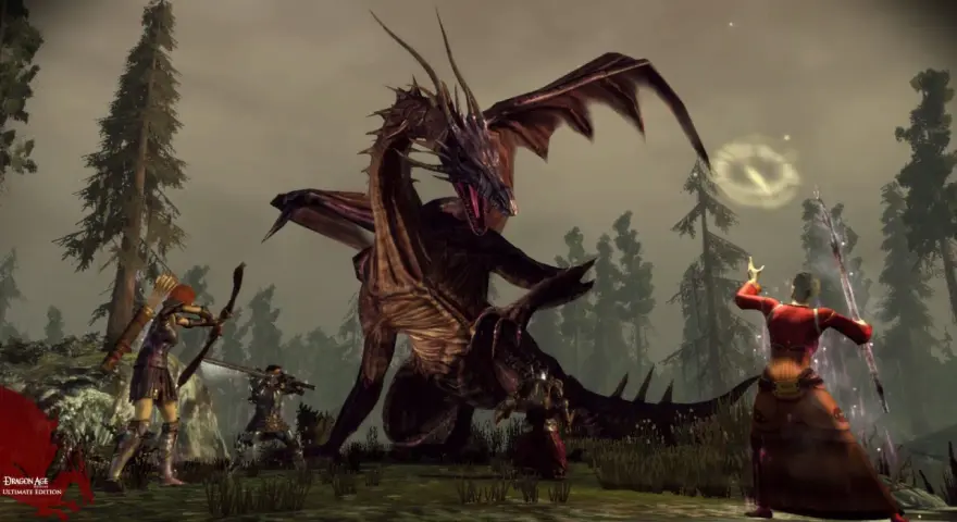 Smok z Dragon Age Origins poradnik walczy z łuczniczką i magiem w lesie.