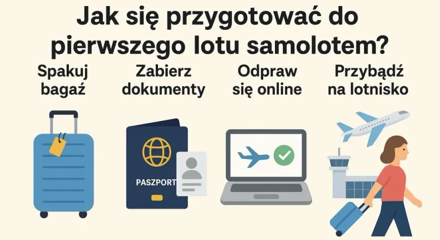 Przygotowania do pierwszego lotu samolotem: pakowanie, dokumenty, odprawa online i przybycie na lotnisko.