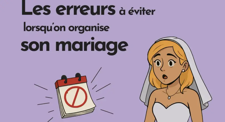 Une mariée surprise regarde un calendrier barré, symbole des erreurs à éviter pour organiser son mariage, y compris pour l'idée repas mariage.