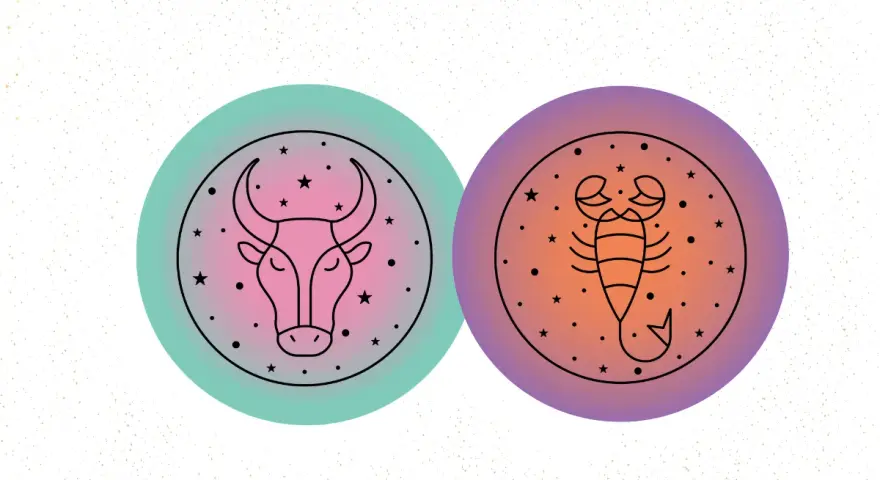 Byk i skorpion, dwa znaki zodiaku, tworzą nieoczekiwaną przyjaźń. Ich symbole otoczone gwiazdami i kropkami.