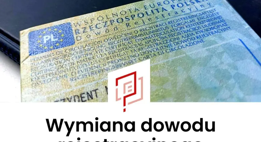 Dowód rejestracyjny pojazdu, symbol graficzny i tekst "Wymiana dowodu rejestracyjnego". Ułatwia to wymianę dowodu rejestracyjnego online.