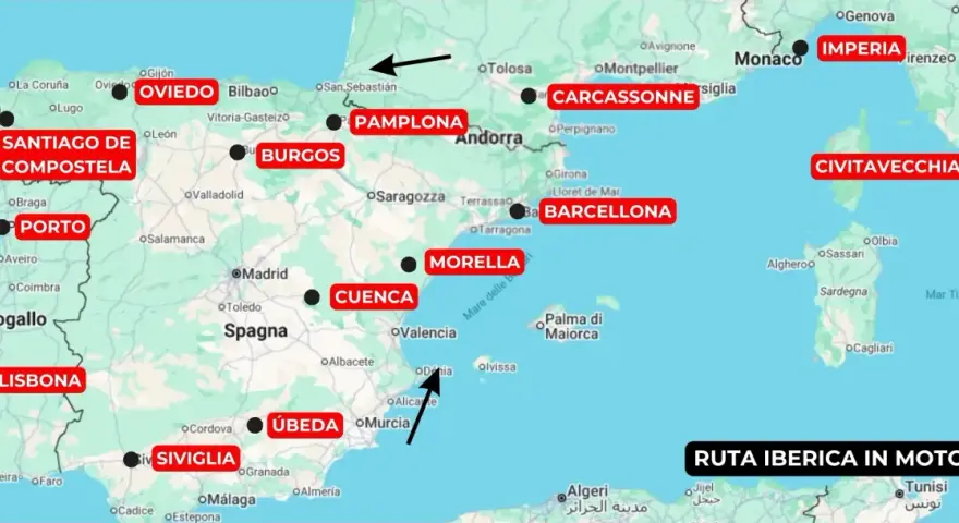 Mappa di un itinerario "Spagna in moto 10 giorni" con tappe da Lisbona a Siviglia, passando per Oviedo, Burgos, Pamplona, Barcellona, Morella, Cuenca e Úbeda.