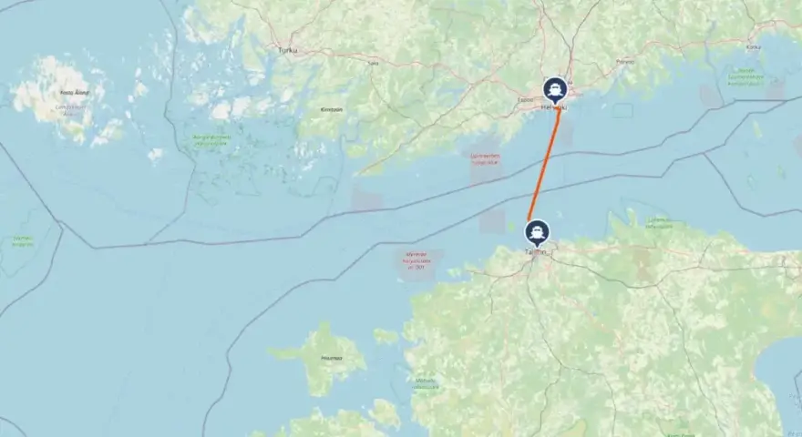 Trasa promowa Gdynia-Helsinki, pokazująca trasę między Tallinem a Helsinkami. Ile płynie?