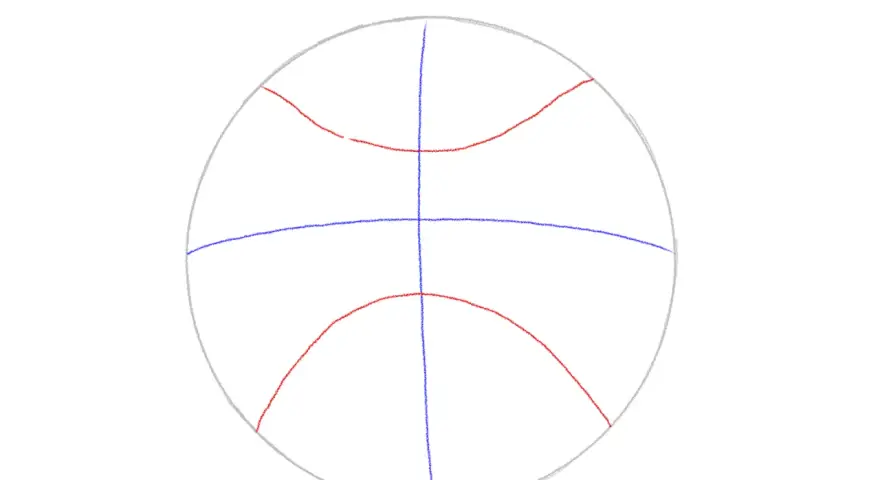 Szkic piłki do koszykówki z zaznaczonymi liniami.