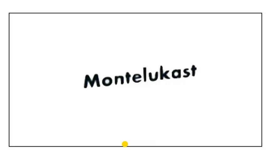 Napis "Montelukast" na białym tle. Mały żółty punkcik pod napisem.