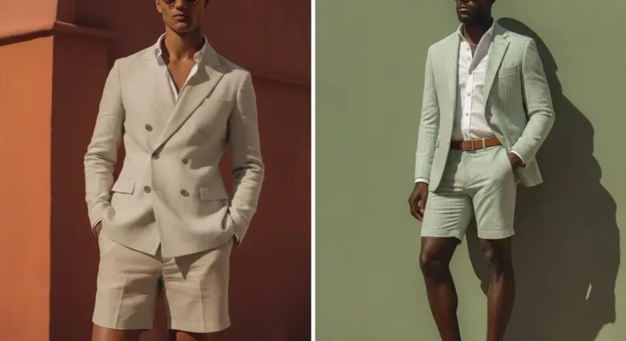 Uomo elegante in abito con bermuda color sabbia e uomo con completo a righe verdi e bermuda, entrambi con occhiali da sole.