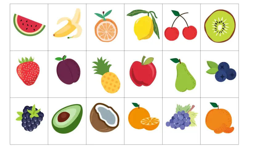 Kolorowe owoce karty pracy do druku: arbuz, banan, pomarańcza, cytryna, wiśnie, kiwi, truskawka, śliwka, ananas, jabłko, gruszka, borówki, jeżyna, awokado, kokos, mandarynka, winogrona.
