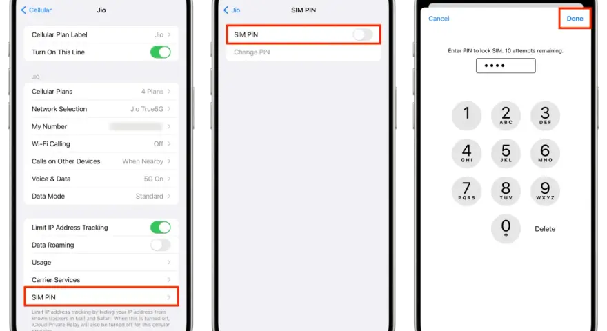 Three iPhone screens showing steps to disable SIM PIN: cellular settings, SIM PIN toggle, and PIN entry.