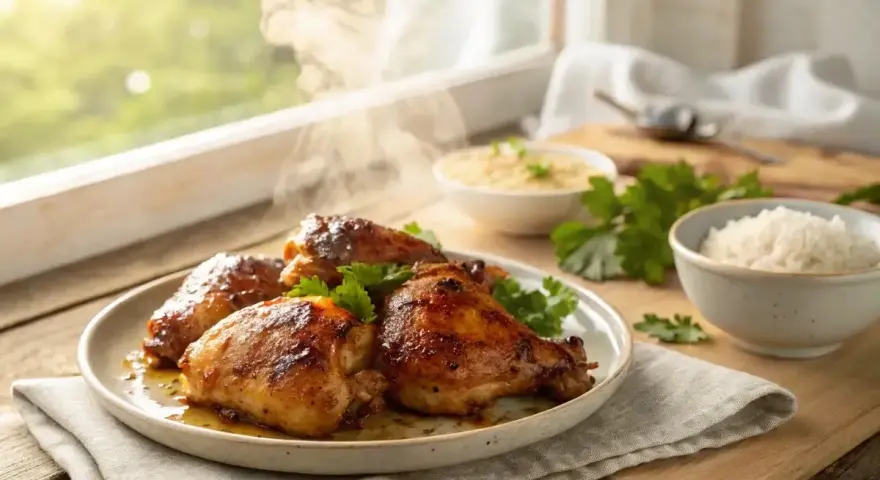 Assiette de haut de cuisse de poulet rôtis, fumants et dorés, accompagnés de riz et d'une sauce.