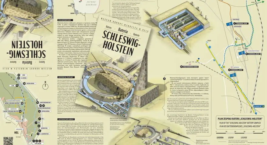 Bateria Schleswig-Holstein, potężna fortyfikacja nad Bałtykiem, z wieżą kierowania ogniem i stanowiskami artylerii.