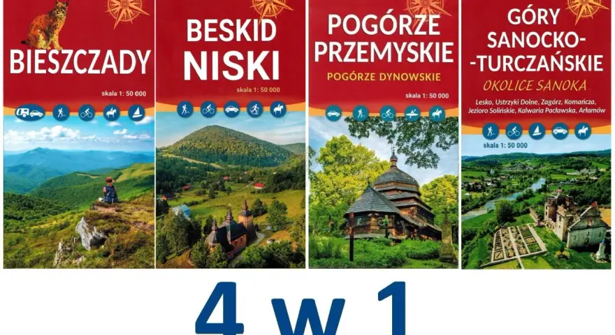 Cztery okładki map turystycznych: Bieszczady, Beskid Niski, Pogórze Przemyskie, Góry Sanocko-Turczańskie.