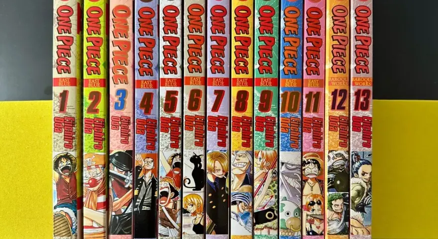 Reihe von 13 One Piece Manga-Bänden, nummeriert von 1 bis 13, mit bunten Cover-Illustrationen.