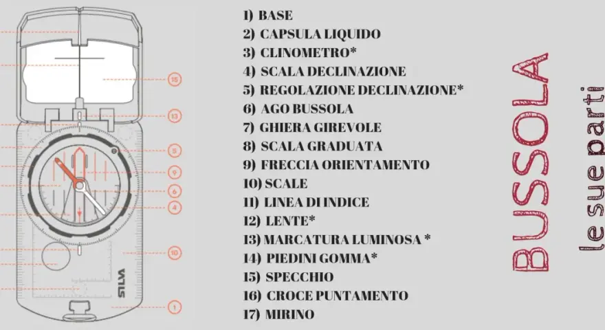 Schema dettagliato di come è fatta una bussola, con le sue parti numerate e descritte: base, capsula liquida, ago, scala graduata e specchio.