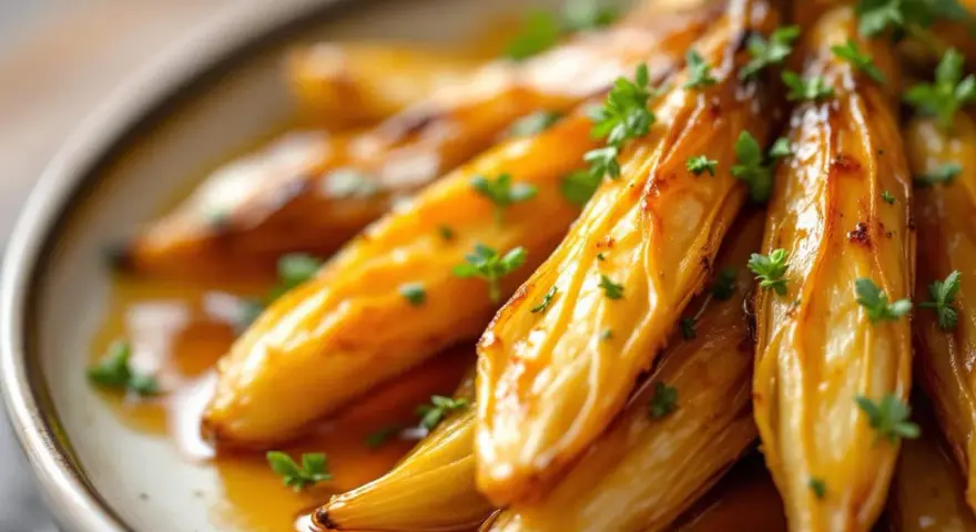 Endives caramélisées à la poêle, nappées d'une sauce dorée et parsemées de persil frais. Un délice fondant.