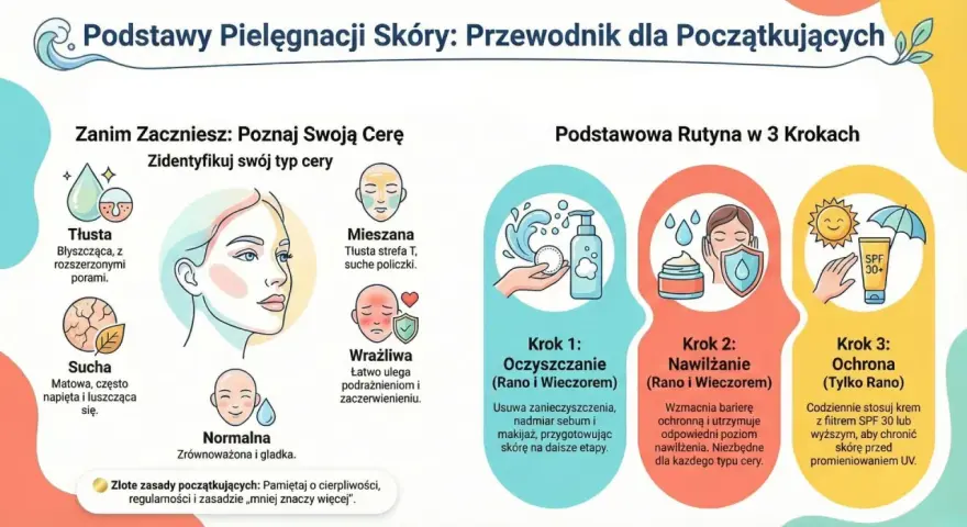 Podstawy pielęgnacji twarzy: poznaj typ cery (tłusta, sucha, mieszana, wrażliwa, normalna) i rutynę w 3 krokach: oczyszczanie, nawilżanie, ochrona SPF.