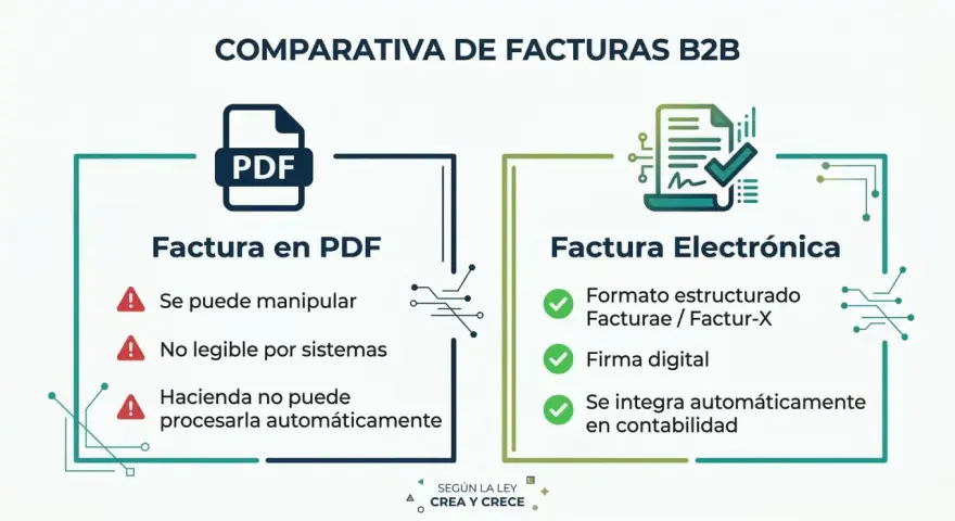 Comparativa de facturas B2B: PDF manipulable vs. facturación electrónica estructurada, con firma digital e integración contable automática.
