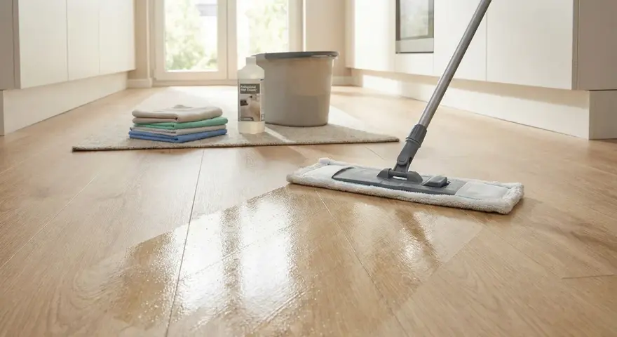 Ein Mopp wischt über einen glänzenden Holzboden. Reinigungsmittel und Tücher liegen bereit, um den **Vinylboden zu reinigen**.