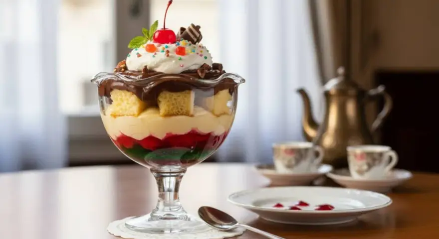 Deliziosa zuppa inglese ricetta in coppa: pan di spagna, crema, frutta candita e panna montata con ciliegina.