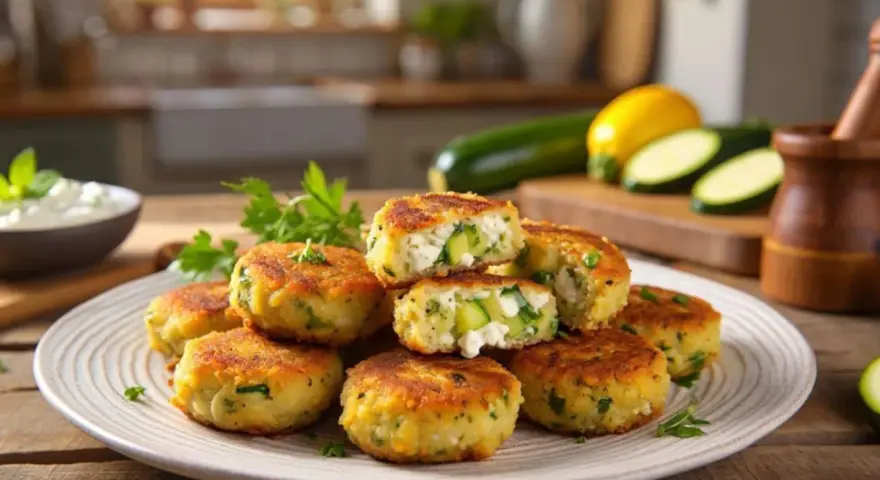 Goldbraune zucchini frikadellen mit frischen Kräutern und Feta, auf einem Teller angerichtet. Daneben ein Dip und Zucchini.