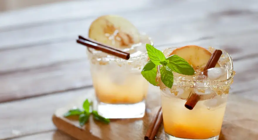 Zwei Gläser mit Eis, Apfelscheiben und Zimtstangen. Perfekt für den Sommer, wenn man Lust auf selbstgemachten Cider hat.