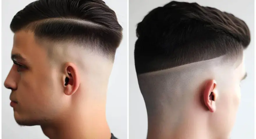 Dos estilos de corte de pelo masculino: uno con raya marcada y un corte taper fade suave, el otro con un corte taper fade más definido y lineal.