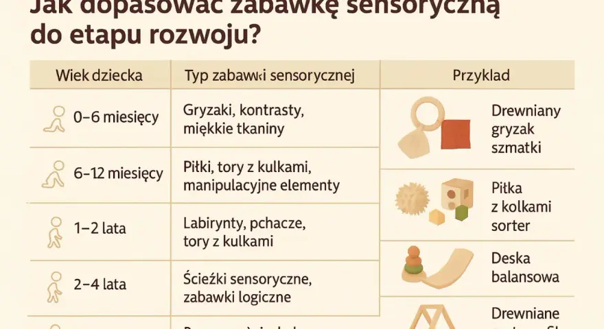Tabela pokazuje, jak dopasować zabawki sensoryczne do wieku dziecka: od gryzaków dla niemowląt po zestawy SI dla starszych.