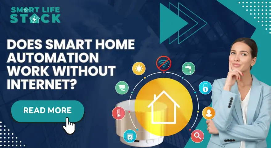A woman ponders home automation without internet. Icons show a house, no Wi-Fi, sun, faucet, lock, person, and thermometer.