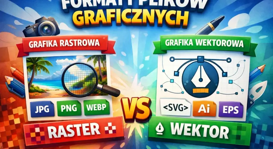Porównanie formaty plików graficznych: rastrowa (JPG, PNG, WEBP) z plażą i lupą kontra wektorowa (SVG, Ai, EPS) z piórem graficznym.