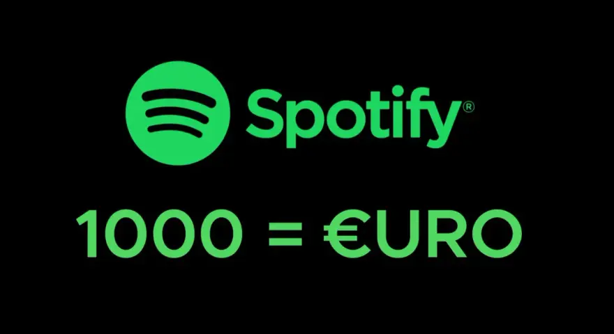 Spotify-Logo mit der Aussage "1000 = €URO". Ein Hinweis auf die Einnahmen pro 1000 Spotify streams.