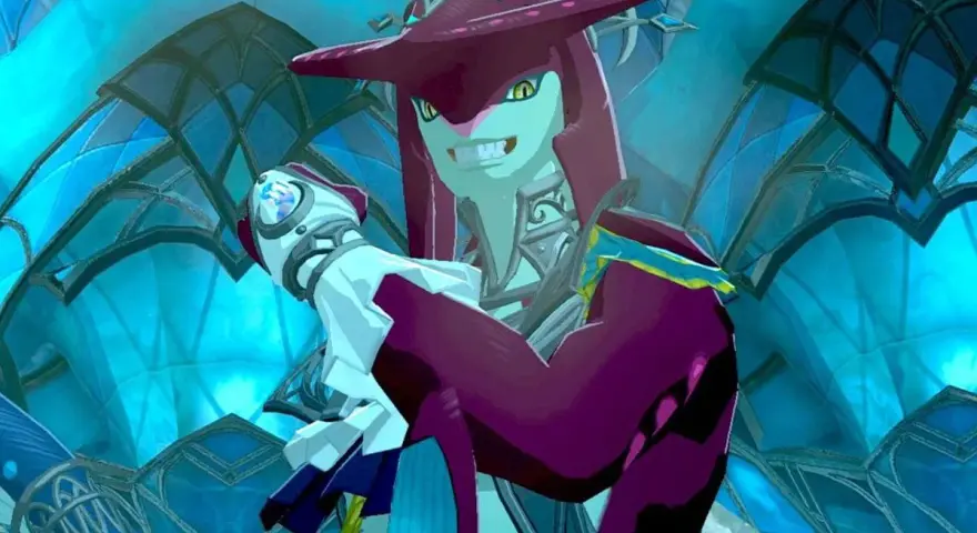 Sidon, el príncipe Zora, sonríe con confianza en la región de los Zora, con su armadura brillante y el fondo azul cristalino.