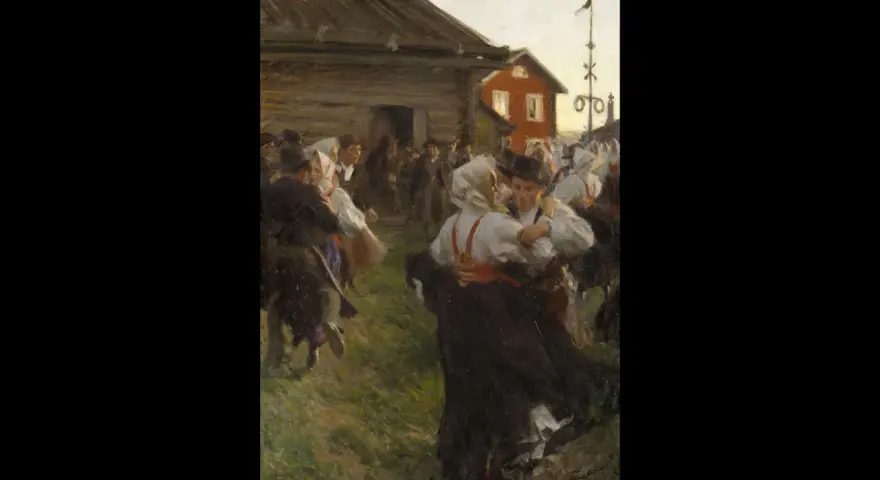 Zorns Midsommardans fångar glädjen i en folklig fest. Människor i folkdräkter dansar livligt utomhus vid en röd byggnad.