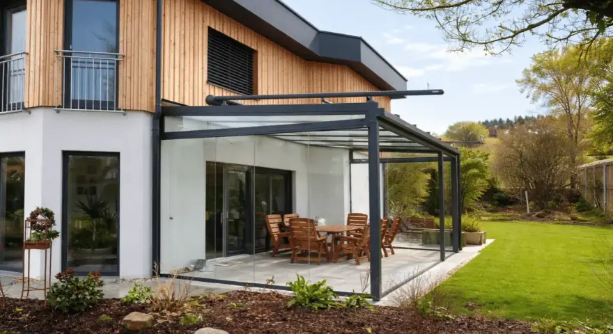 Moderne Glasdach-Terrasse mit Holztisch und Stühlen. Nachteile wie Hitzeentwicklung im Sommer sind zu bedenken.