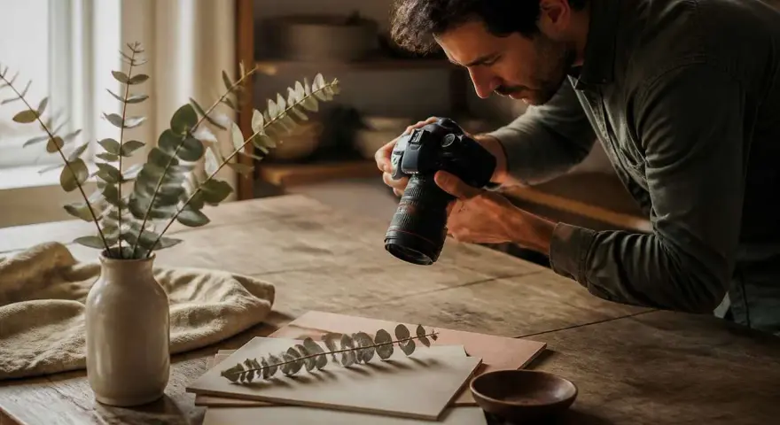 Un photographe capture une branche d'eucalyptus sur une table en bois. La liste thème photo inclut la nature morte et la photographie.