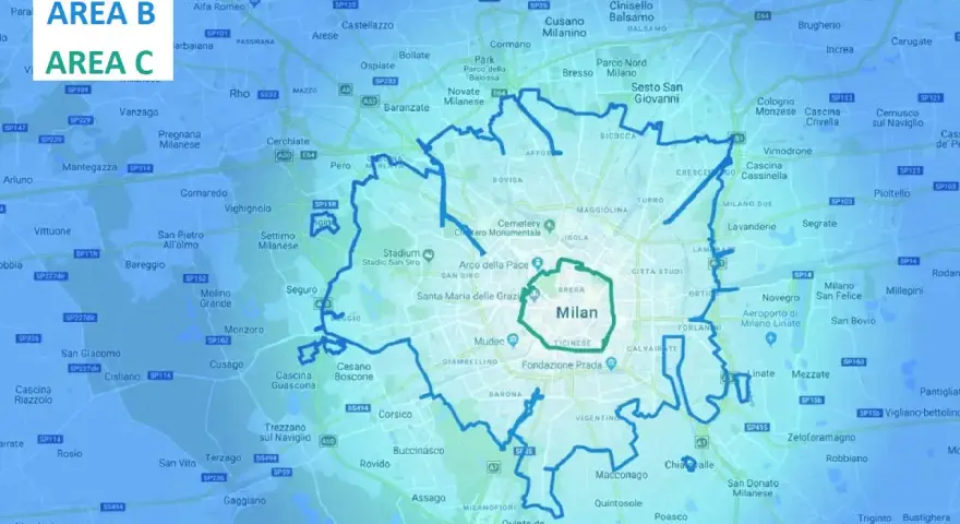 Mappa di Milano e hinterland con evidenziata l'area del blocco euro 5.