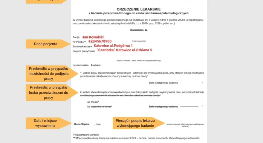 Orzeczenie lekarskie dla Jana Kowalskiego, kucharza, potwierdzające brak przeciwwskazań do pracy. To ważna ksiazeczka sanepidowska.