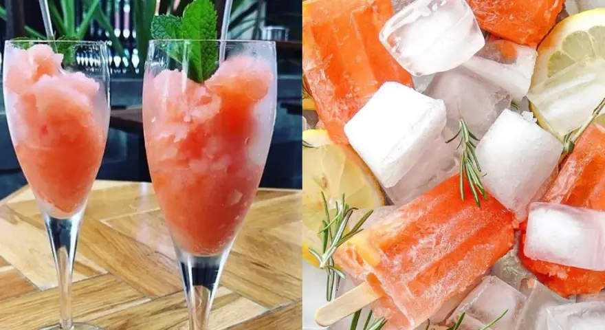 Erfrischendes Aperol Sorbet in Gläsern und als Eis am Stiel, garniert mit Minze, Zitrone und Rosmarin. Perfekt für heiße Tage!
