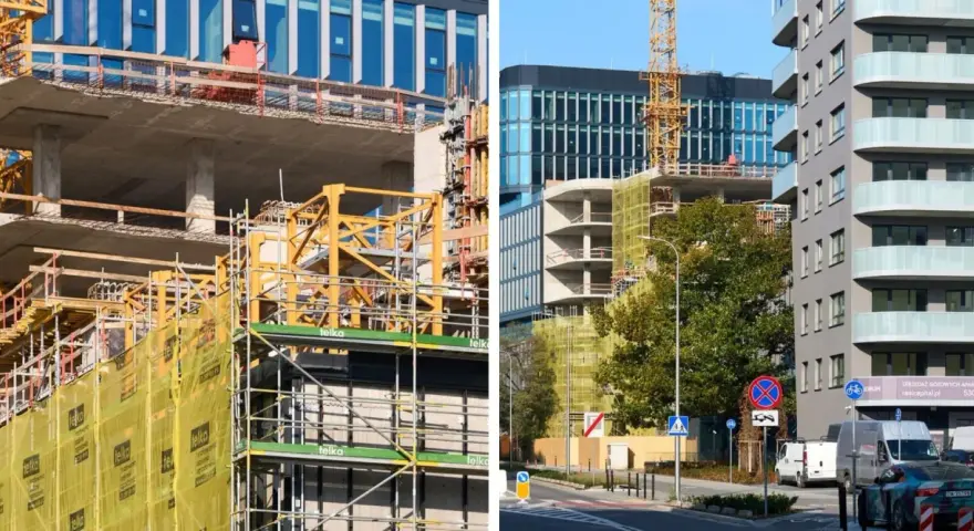 Budowa nowych bloków mieszkalnych we Wrocławiu. Widać rusztowania, dźwig i betonowe konstrukcje. Ceny mieszkań wrocław mogą być wysokie.