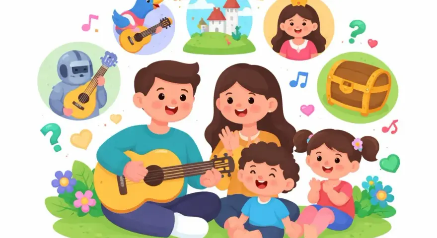 Familie spielt Gitarre, umgeben von Bildern einer Prinzessin, einer Burg, einem Roboter und einer Schatzkiste. Eine musikalische Ballade voller Fantasie.