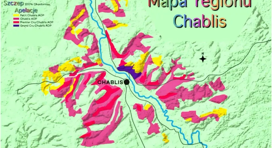 Mapa regionu Chablis, gdzie winorośl Chardonnay tworzy wina o różnych apelacjach: Petit Chablis, Chablis, Premier Cru i Grand Cru.