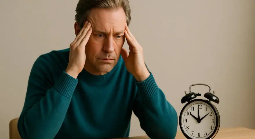 Uomo con le mani sulle tempie, espressione di stanchezza mentale. Accanto, una sveglia analogica.