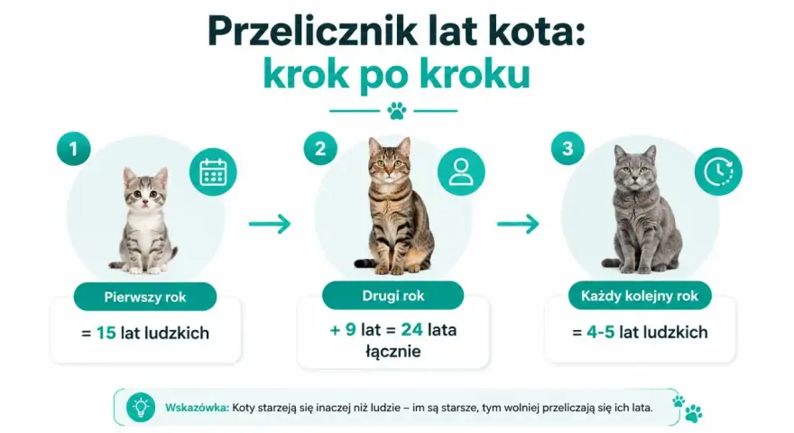 Kociak, młody kot i dorosły kot pokazują, jak przeliczyć wiek kota na ludzkie lata. Pierwszy rok to 15 lat, drugi to 24, a każdy kolejny to 4-5 lat.