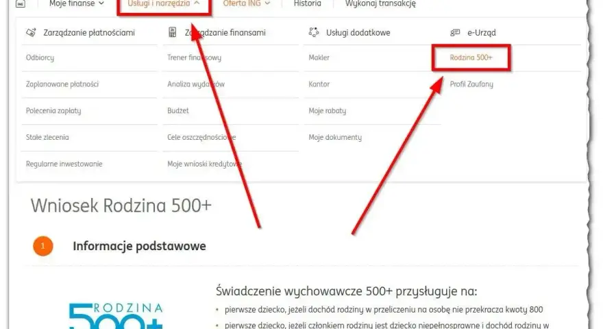 Wniosek Rodzina 500+ w ING. Kliknij "Usługi i narzędzia", a następnie "Rodzina 500+" by złożyć wniosek.