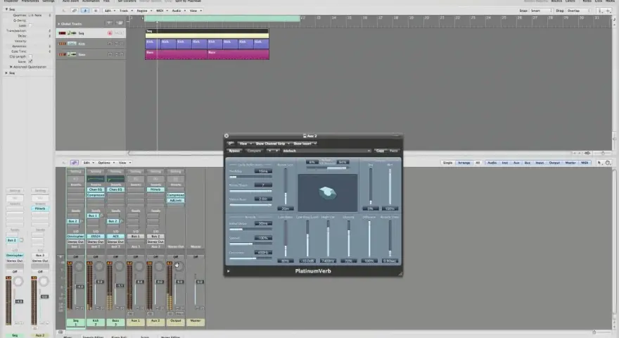 Ustawienia wtyczki PlatinumVerb w Logic Pro pokazują, jak działa reverb, dodając przestrzeni dźwiękom.